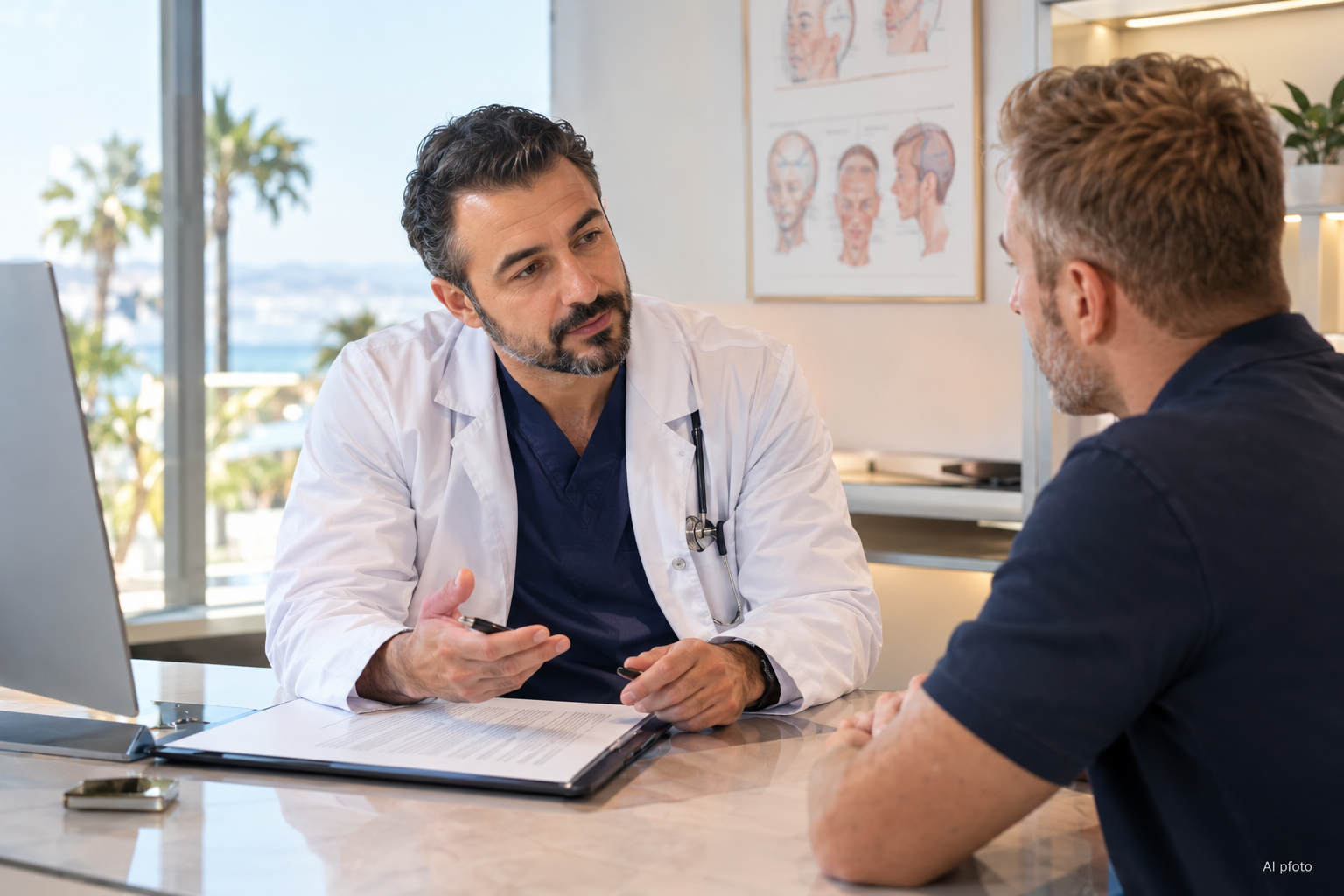 Zgoda świadoma pacjenta omawiana podczas konsultacji z lekarzem przed zabiegiem | Patient informed consent discussed during medical consultation in a modern clinic | Geïnformeerde toestemming van de patiënt besproken tijdens medisch consult | Informierte Einwilligung des Patienten vor dem Eingriff im Beratungsgespräch | Informovaný souhlas pacienta probíraný před zákrokem při konzultaci | Информированное добровольное согласие пациента перед операцией