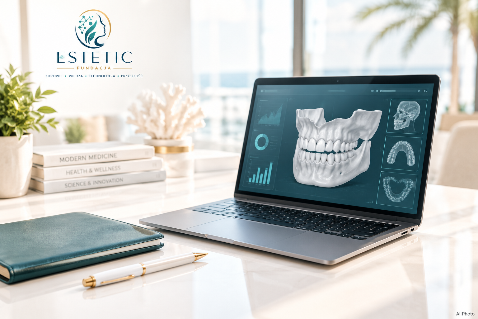 Edukacyjne materiały i otwarty laptop pokazujące jak ocenić wiarygodność informacji medycznych w internecie przed zabiegiem Hollywood Smile