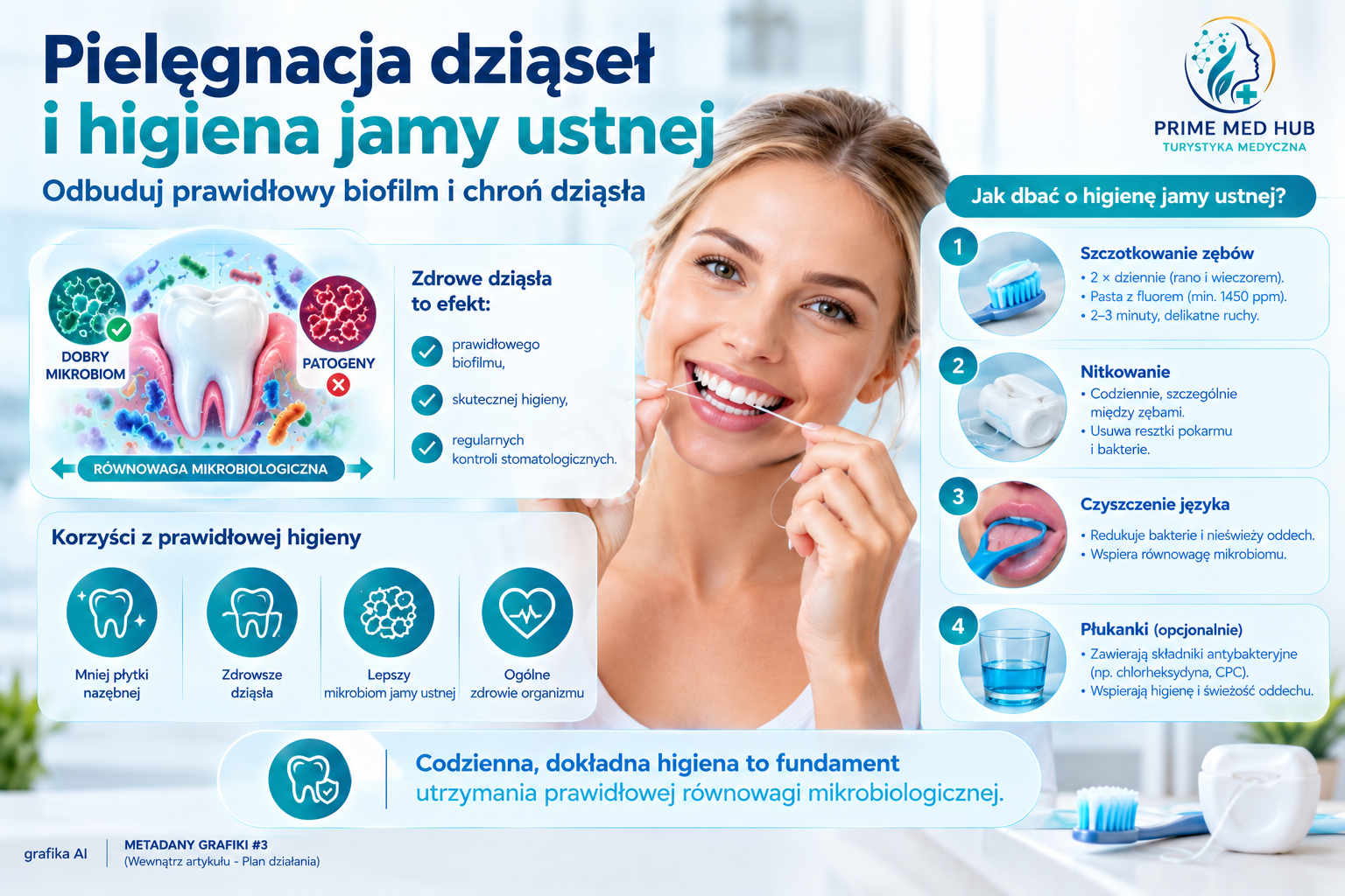 Prawidłowa higiena jamy ustnej z użyciem nici dentystycznej i szczoteczki