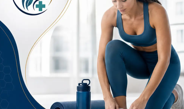 Kobieta wiążąca buty sportowe na macie – jak ćwiczyć bezpiecznie